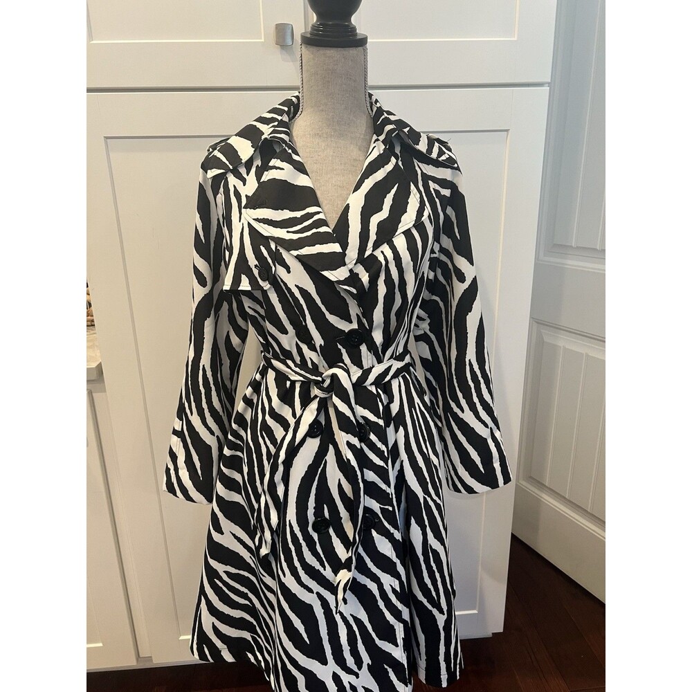 Express Zebra Print Trenchcoat Women’s S Black White Belted Double Breasted
